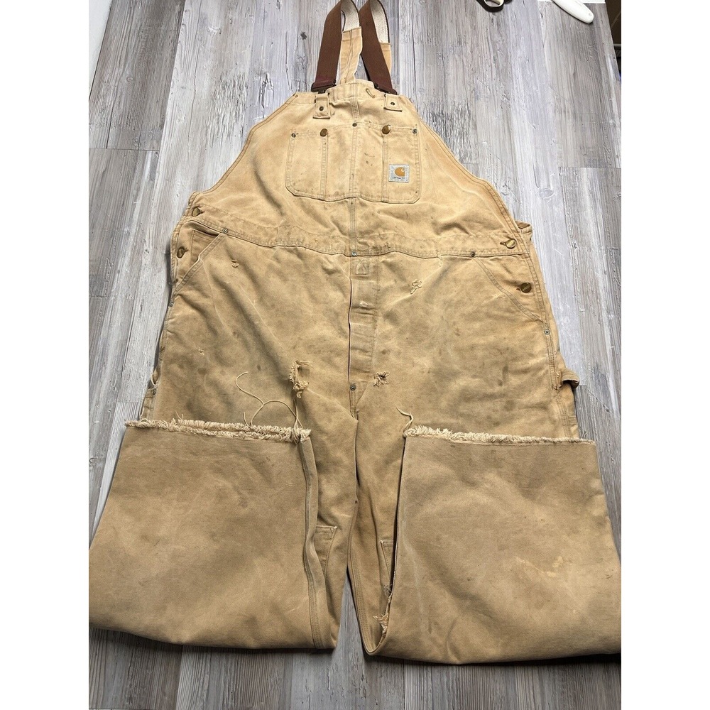 Vtg Carhartt Duck Canvas Overalls Thrashed Double Knee R01 BRN 50 Waist Cutoff‎